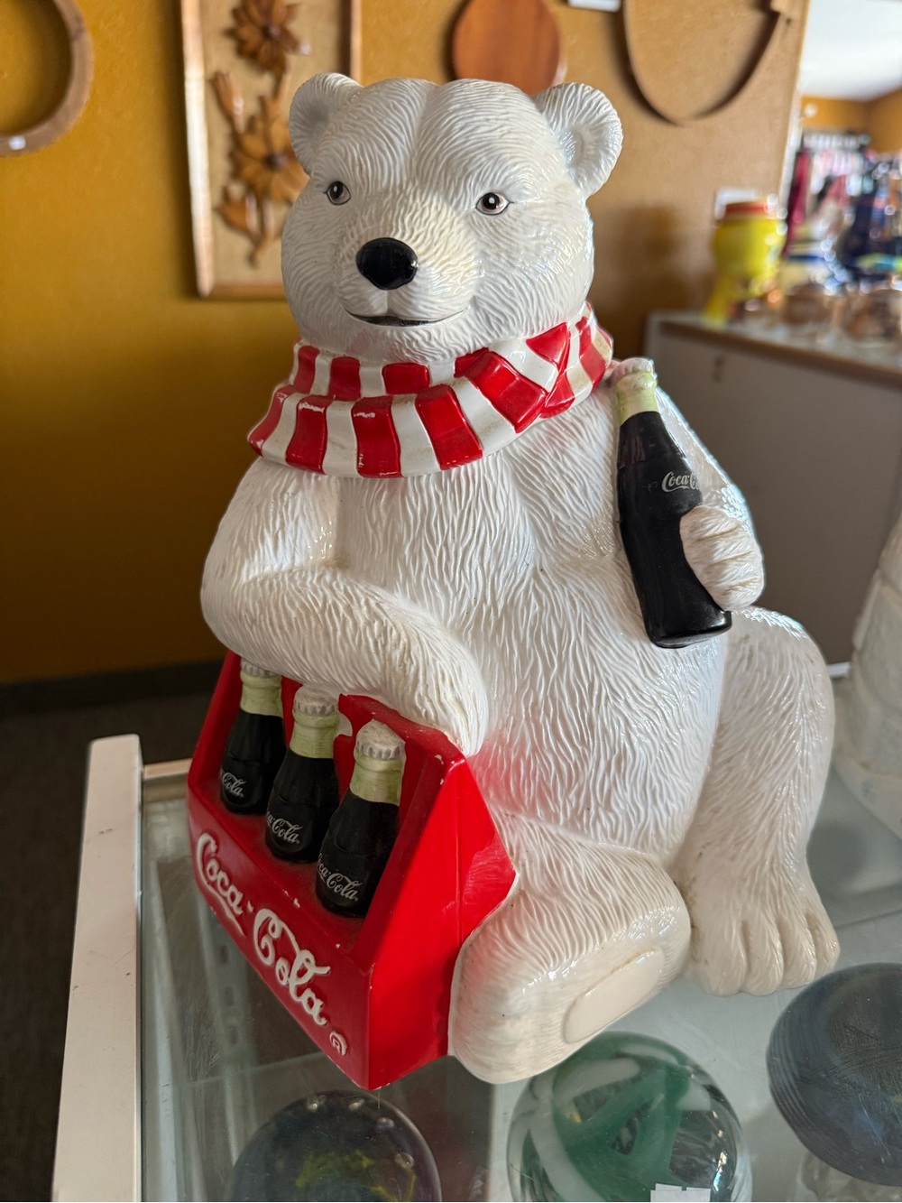 Coca-Cola White Polar Bear with Red Scarf and Crate cookie jar